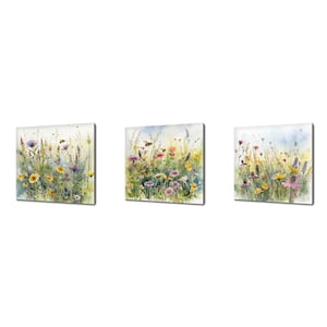 Set of three canvas art prints with meadow wildflowers, square wall hanging