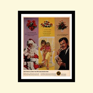 Framed vintage florist advertisement print with retro flower bouquet delivery design