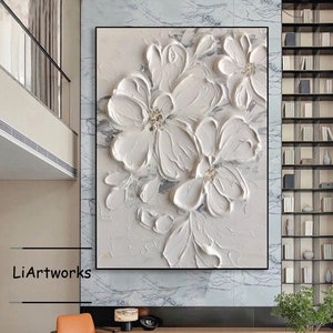 3D white flower texture wall art painting with raised floral relief on canvas