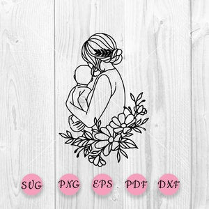 Floral mother and baby silhouette SVG with mother holding baby, decorative flowers