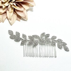 Silver rhinestone leaf hair comb with multiple teeth for secure hair styling