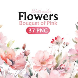 Pink watercolor flower bouquets PNG clipart, featuring soft blooms and buds
