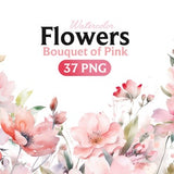 Pink Flowers PNG, Watercolor Floral Clipart Bouquets, Elements, Commercial Use, Digital clipart PNG