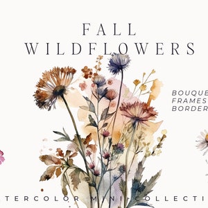 Watercolor fall wildflower bouquet with mixed blooms and stems, printable border set