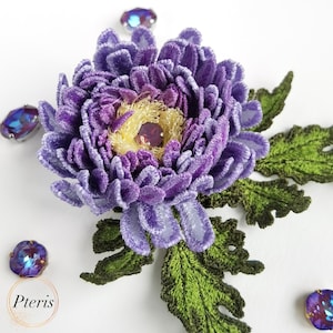 Purple chrysanthemum 3D machine embroidery flower with green leaves and gem accents