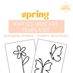Spring knitted wire art template sheets with flowers and butterfly line drawings