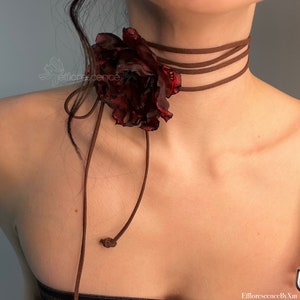 Burgundy distressed corsage neck flower with ribbon choker by Efflorescence