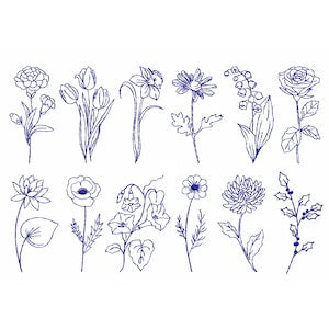 Floral machine embroidery design set with blue line sketches of 12 birth month flowers