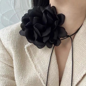 Black satin rose flower choker necklace with long black tie cords