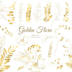 Golden floral and leaf clipart set with botanical sprigs and flowers