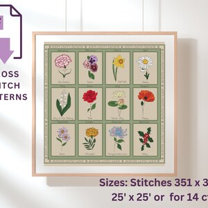Flowers of the Month cross stitch pattern with framed grid of colorful floral motifs