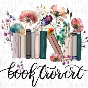 Booktrovert floral book stack PNG sublimation design with cursive text
