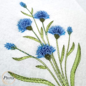 Blue cornflower bouquet chenille embroidery with fluffy fringed petals