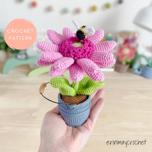 Crochet Flower Pattern, Amigurumi Flower Pattern, Bumble Blossom Gerber Daisy Amigurumi Crochet Pattern by erinmaycrochet - PDF, pot, bee