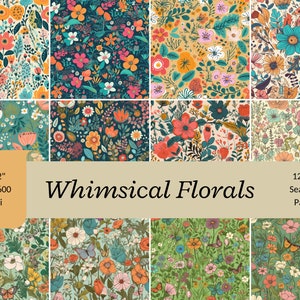 Floral digital paper with whimsical seamless multicolor flower patterns for scrapbooking