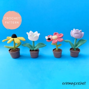 Crochet flower amigurumi pattern bundle showing potted flowers in yellow, white, pink, green
