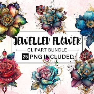 Watercolor jeweled flower clipart bundle with 25 royal fantasy blooms