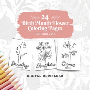 Birth month flower coloring pages digital download cover with 24 floral designs
