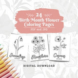 Birth Month Flower Coloring Pages, 24 Pages, Birth Month Flowers, Coloring book, Flower Art, Flower Bouquet, Birth Flowers Digital Download