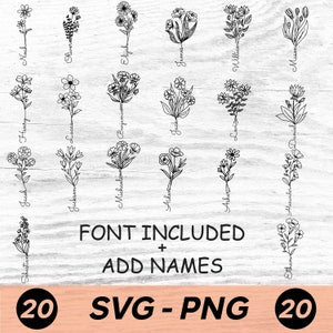 Birth month flower SVG/PNG set with black line-art bouquet icons and add-names text