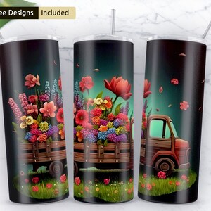 Dark skinny tumbler design with colorful flower garden and red truck near top
