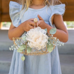 Boho flower girl basket with gold wire, white flower and greenery