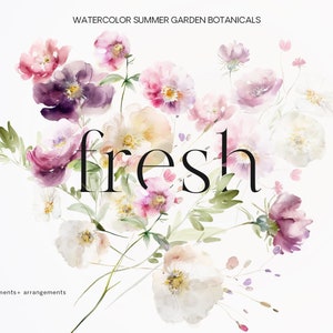 Watercolor wildflower bouquet clipart with soft pink, purple, and white blooms