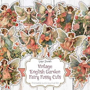 Vintage fairy ephemera die-cuts with English garden fairies, flowers, and butterflies