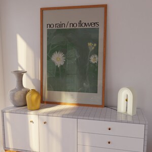 Framed wall art print with sage green flowers and text 'no rain/no flowers'.