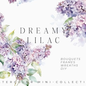 Watercolor lilac floral clipart with purple flower bouquets and wreath frames