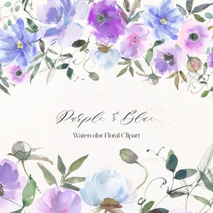 Watercolor floral clipart set with purple and blue flowers and green leaves