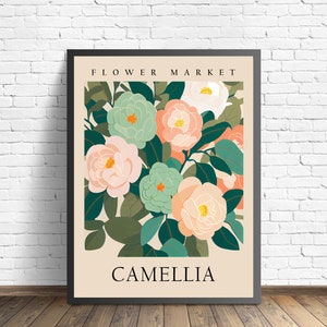 Framed camellia flower market art print with pastel blooms and green leaves