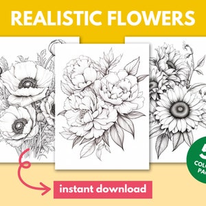 Adult flower coloring pages set with realistic floral line art, printable sheets