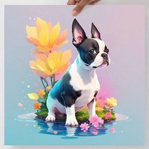Boston Terrier puppy watercolor print with flowers and soft water reflection