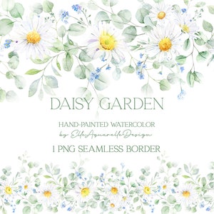 Watercolor floral border clipart, daisy clipart, white flowers wedding clip art, watercolor seamless border, premade border, hand painted