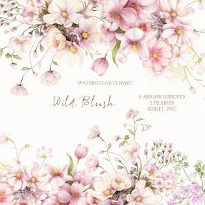 Watercolor wildflower floral border clipart with pink blossoms and soft green leaves