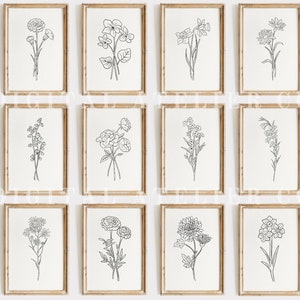 Set of birth month flower line art prints in tan frames, single-flower drawings