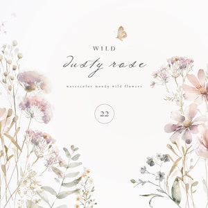 Watercolor wildflower clipart with dusty pink blooms and small butterfly accents