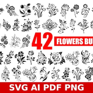 Black-and-white flower SVG clipart set with roses and decorative line icons, assorted