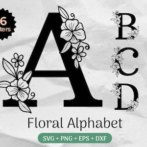 Floral alphabet letter A SVG with floral vine cutout, black outline on light background