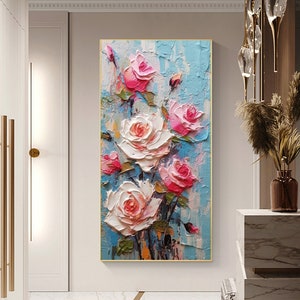 Floral oil painting on canvas with pink and white rose bouquet on blue background