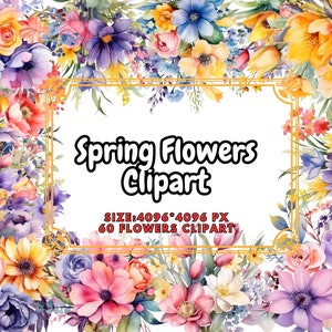 Spring flower clipart digital artwork with bright floral border frame and white center text