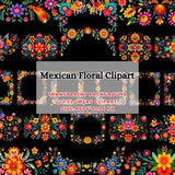 Mexican Flowers - Fiesta Party Clipart-Watercolor Vibrant Floral Clipart-Unique Otomi Floral-Cinco de Mayo Party Graphics-Commercial Use PNG