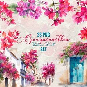 Watercolor bougainvillea clipart set with 33 pink flower PNGs, scattered blossoms and leaves