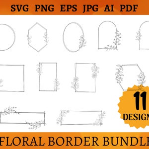 Floral border frame SVG bundle preview with multiple ovals and rectangles, plus 11 DESIGN text