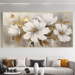 Abstract floral oil painting on canvas with white blossoms and gold accents