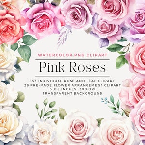 Watercolor rose clipart set with pink and blush blooms, floral PNG elements, bouquet pack