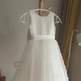 Off white flower girl dress, V back flower girl dress, tulle flower girl dress with pearls