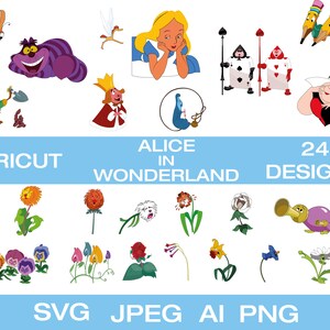 Alice in Wonderland Cricut SVG bundle graphics with characters and card icons, SVG/JPG/AI/PNG