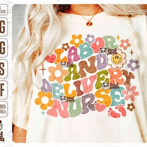 White T-shirt with multicolor floral letter graphic and small cartoon face accents